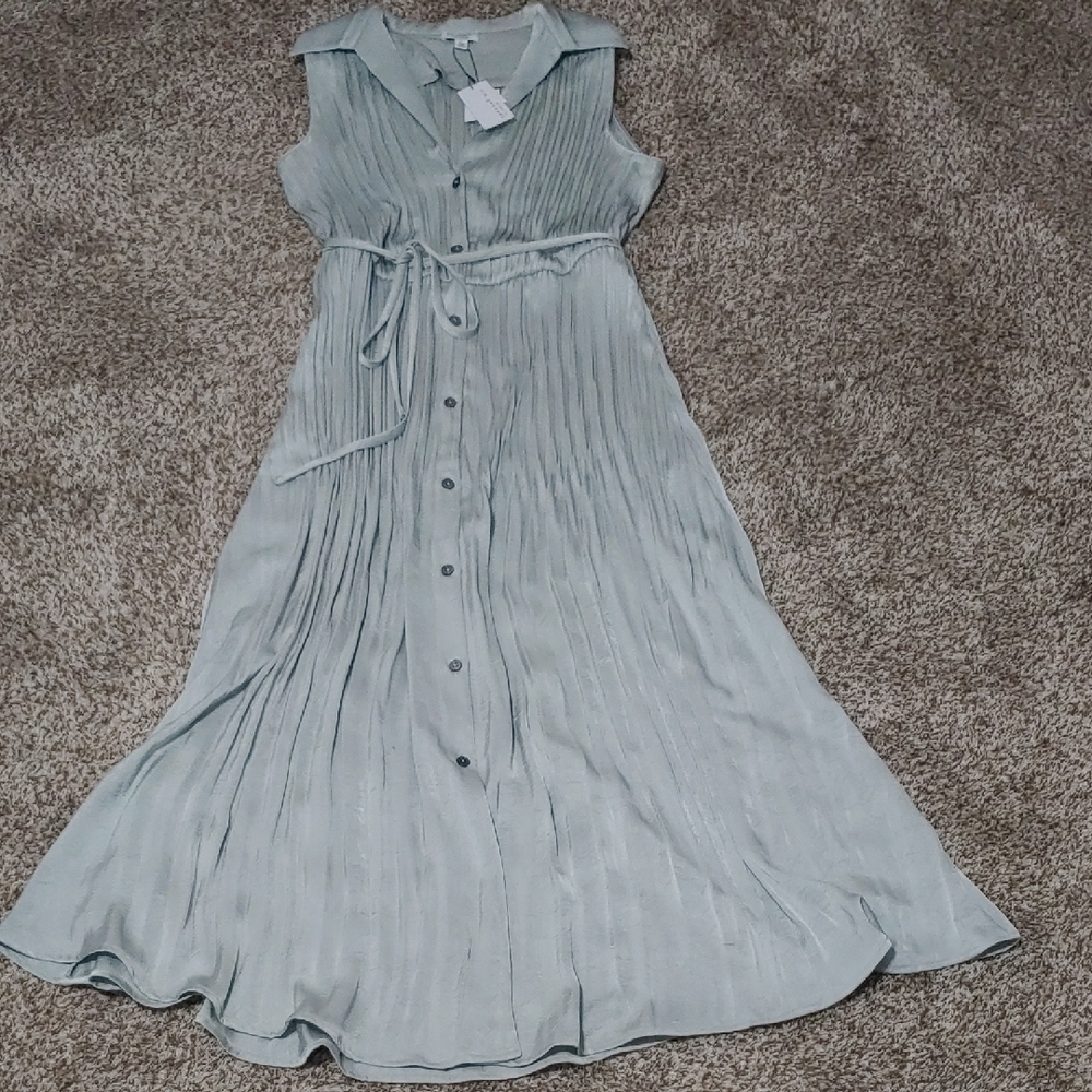 Anthropologie Current Air Sage Green Pleated Button-Front Midi Dress Size L